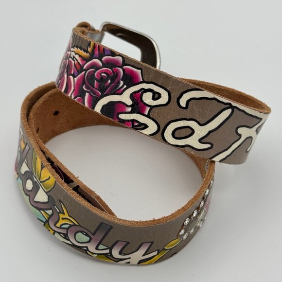 Ed Hardy Y2K Tattoo Graphic Leather Belt Rhinestone Streetwear M Medium Crystals